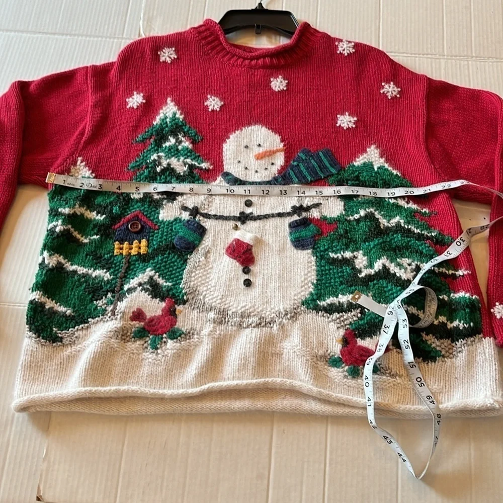 Croft & barrow-L-Snowman, trees, snowflakes, embroidery& crocheted 3-D sweater.
